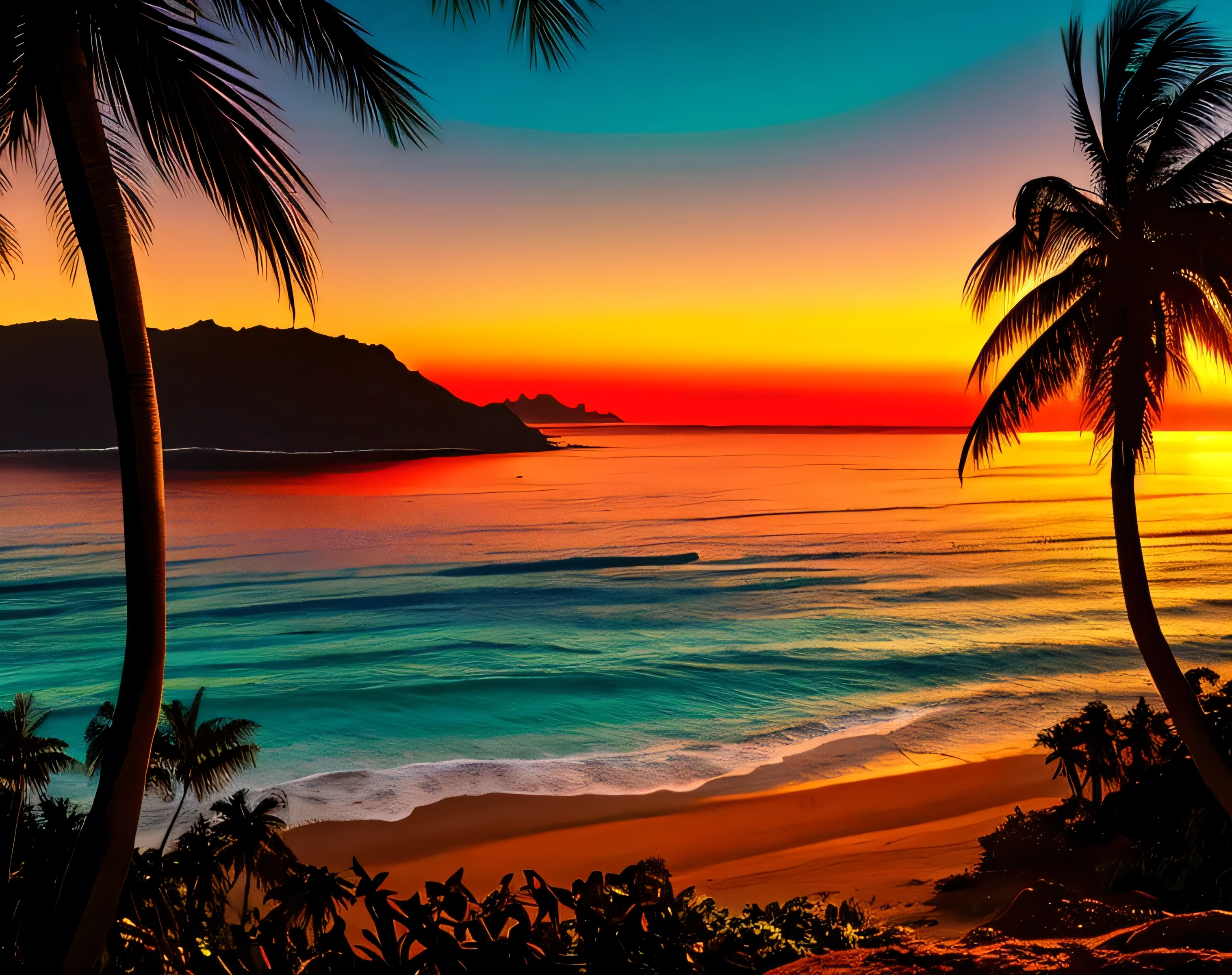 View toward a lush tropical island, calm waves on the beach, Palm tree, dense tropical forest on the hillside in the bacground. Dramatic red-orange sunset.
High Contrast, High saturation, Very detailed, high quality, masterpiece, Mysterious, Particle Effects, (Dust, Gust of wind:1.07), Volumetric Light, light, Goldsmith, Vibrant colors, Bokeh, Depth of written boundary.
