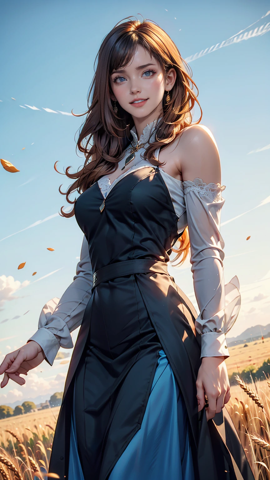 1 person, alone, Long Orange Hair, running, (Tall wheat field), I turn around, Emerald Eyes, long blue dress, middle ages, middle agesの衣装, long sleeves, Light from behind, Shadow of a person, smile, Laughter, (blue sky), Wheat background, Standing in the distance, Looking at the audience, full length