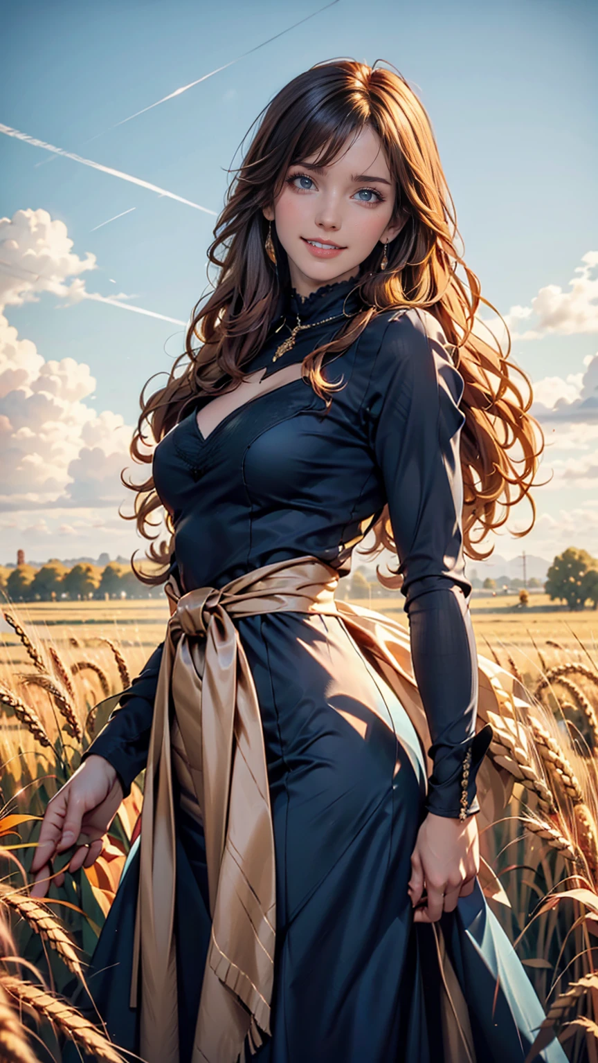 1 person, alone, Long Orange Hair, running, (Tall wheat field), I turn around, Emerald Eyes, long blue dress, middle ages, middle agesの衣装, long sleeves, Light from behind, Shadow of a person, smile, Laughter, (blue sky), Wheat background, Standing in the distance, Looking at the audience, full length
