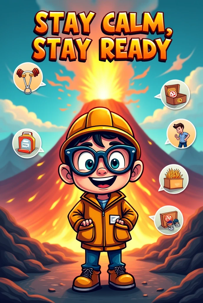 A cartoon style poster
About "Stay Calm, Stay Ready"
A theme that promotes calmness and readiness, emphasizing that staying calm is key to making safe decisions during a volcanic eruption.
