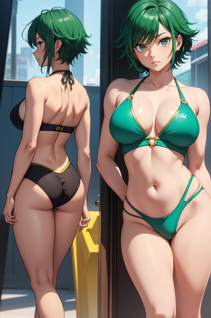 Create an image of a gender-swapped version of Izuku Midoriya, depicted as a stunningly beautiful and confident girl. She has short, vibrant green hair, neatly styled to frame her face, with every strand rendered in exquisite detail. Her large, expressive eyes are meticulously detailed, reflecting a mix of determination and warmth that perfectly captures her heroic nature.

Her physique is athletic yet feminine, with well-defined curves that highlight her toned, powerful body. She is wearing a stylish bikini that accentuates her figure, with the bikini top fitting snugly to showcase her strong upper body and the bikini bottoms highlighting her toned legs and perfectly curved hips. The bikini’s design is both flattering and sleek, complementing her overall appearance.

She stands confidently, perhaps with one hand resting on her hip and the other brushing through her short hair, looking directly at the viewer with a playful yet determined expression that exudes both charm and power.

Every detail, from the vibrant green of her short hair to the contours of her well-defined body, is rendered with the utmost precision. The image should be visually stunning and captured in 8K resolution, ensuring every aspect of her appearance is portrayed with flawless quality, resulting in a captivating and perfect representation of female Izuku Midoriya in a bikini.