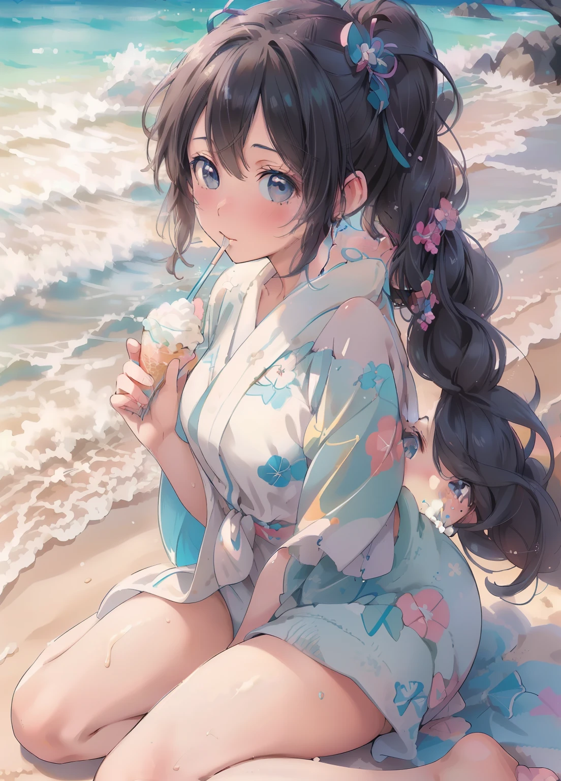 (masterpiece、Highest quality、Highest quality、Official Art、Beautiful and beautiful:1.2)、(One person:1.3)Hatsune Miku、Twin tails,Beautiful breasts, Katsushika Hokusai,One person, Eating shaved ice, Beach, Swimwear, Beautiful attention to detail, Beautiful lip detail, Very detailed目と顔, Long eyelashes, Cute expression, Sit on the sand, Golden Hour Lighting, Soft pastel colors, Vibrant colors, (Highest quality,4K,8k,High resolution,masterpiece:1.2),Very detailed,(Realistic,photoRealistic,photo-Realistic:1.37),Studio Lighting,Vibrant colors,Bokeh