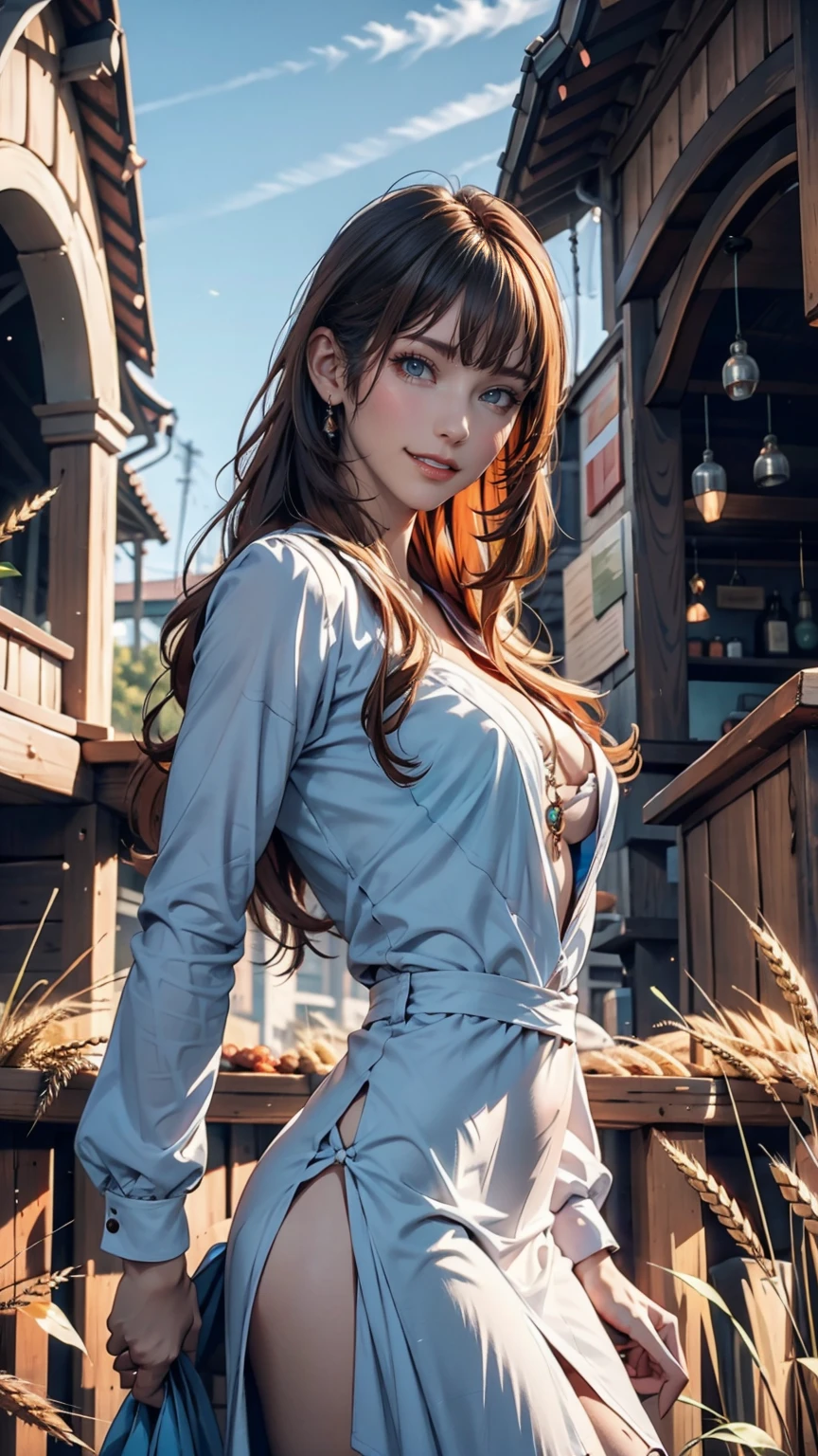 1 person, alone, Long Orange Hair, running, (Tall wheat field), I turn around, Emerald Eyes, long blue dress, middle ages, middle agesの衣装, long sleeves, Light from behind, Shadow of a person, smile, Laughter, (blue sky), Wheat background, Standing in the distance, Looking at the audience, full length