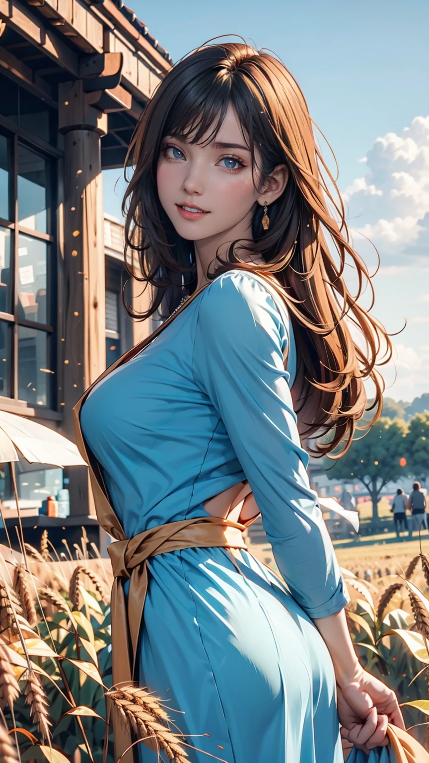1 person, alone, Long Orange Hair, running, (Tall wheat field), I turn around, Emerald Eyes, long blue dress, middle ages, middle agesの衣装, long sleeves, Light from behind, Shadow of a person, smile, Laughter, (blue sky), Wheat background, Standing in the distance, Looking at the audience, full length