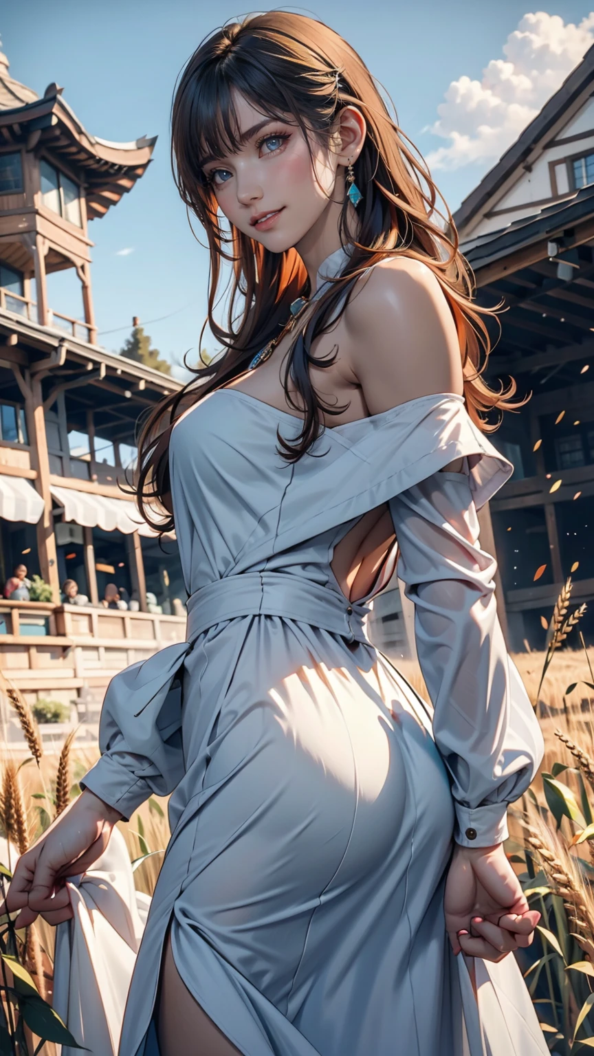 1 person, alone, Long Orange Hair, running, (Tall wheat field), I turn around, Emerald Eyes, long blue dress, middle ages, middle agesの衣装, long sleeves, Light from behind, Shadow of a person, smile, Laughter, (blue sky), Wheat background, Standing in the distance, Looking at the audience, full length