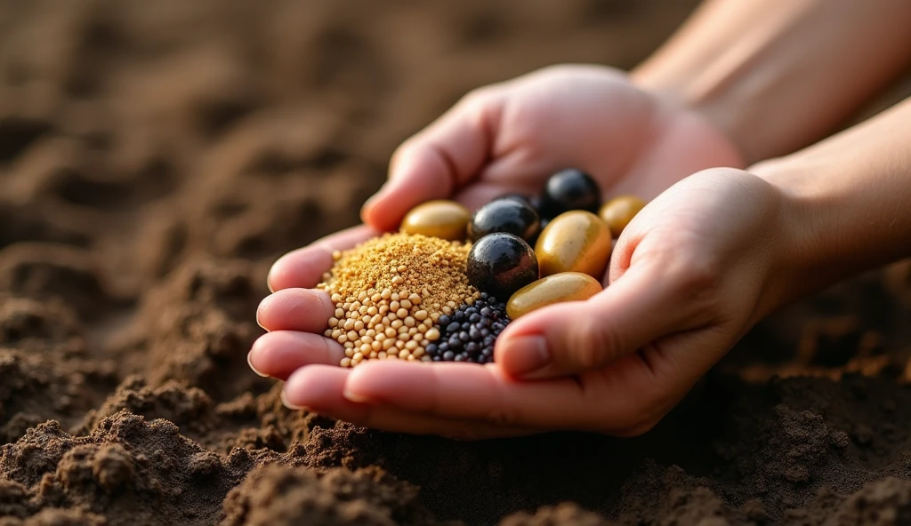 Create a close-up image of a hand holding several different seeds, gold dust, Wheat, grapes and olives – ready to be planted in fertile soil. Each seed represents a type of investment and the potential future harvest. Ao fundo, show the prepared soil slightly out of focus, with small divisions where the seeds will be planted, symbolizing the diversification strategy. The hand should be positioned in a way that suggests care and intention., highlighting the importance of planting wisely to maximize opportunities.