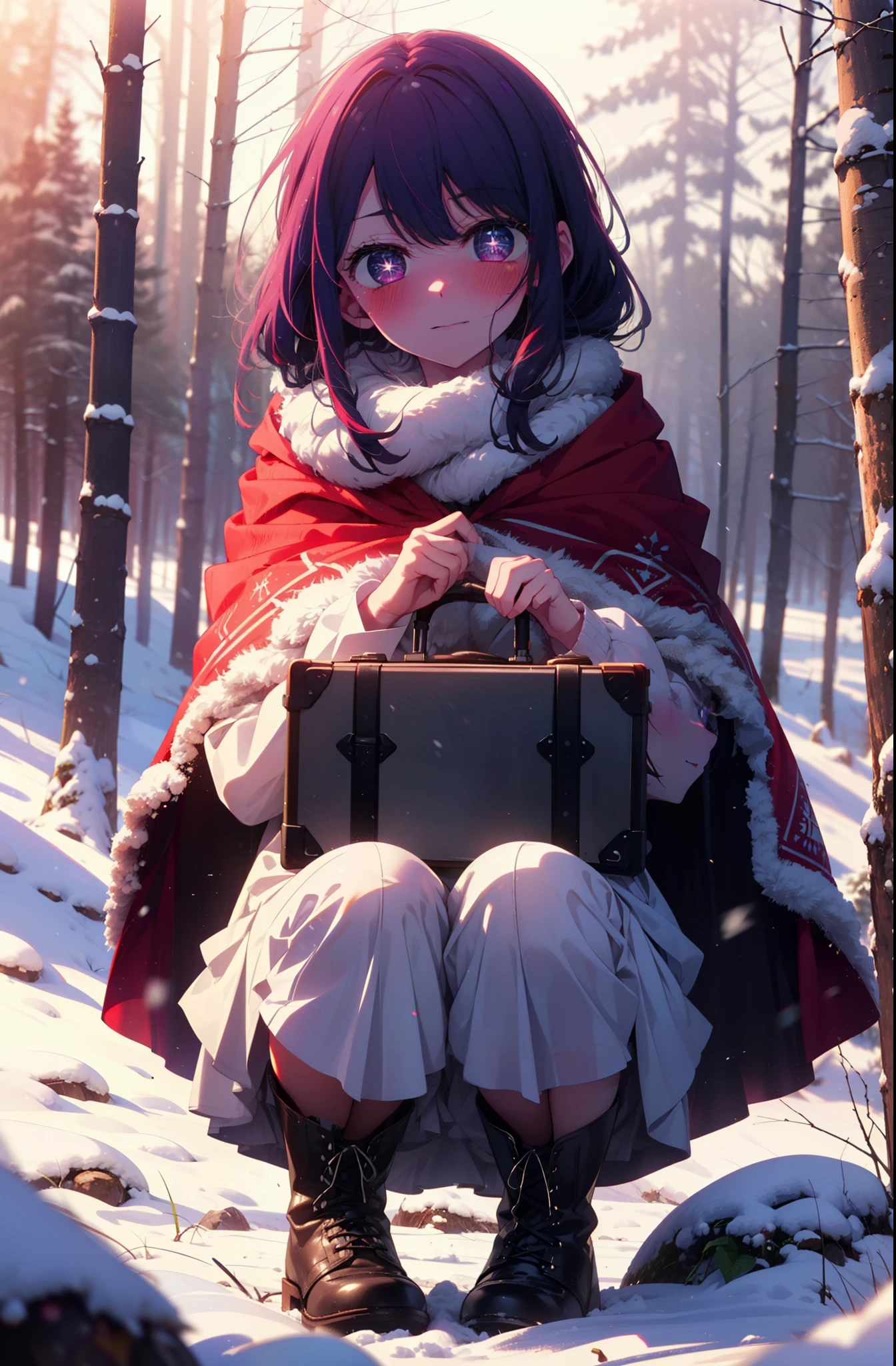 aihoshino, Ai Hoshino, Long Hair, bangs, (Purple eyes:1.1), Purple Hair, (Symbol-shaped pupil:1.5), smile,,smile,blush,white breath,
Open your mouth,snow,Ground bonfire, Outdoor, boots, snowing, From the side, wood, suitcase, Cape, Blurred, , forest, White handbag, nature, Squat, Mouth closed, Cape, winter, Written boundary depth, Black shoes, red Cape break looking at viewer, Upper Body, whole body, break Outdoor, forest, nature, break (masterpiece:1.2), Highest quality, High resolution, unity 8k wallpaper, (shape:0.8), (Beautiful and beautiful eyes:1.6), Highly detailed face, Perfect lighting, Extremely detailed CG, (Perfect hands, Perfect Anatomy),