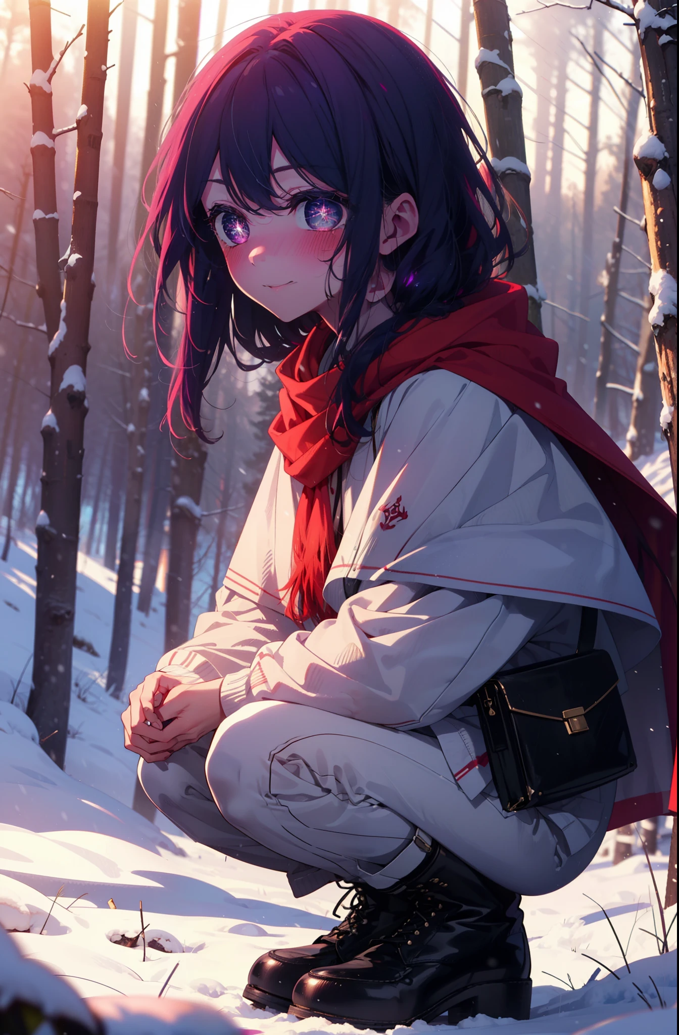 aihoshino, Ai Hoshino, Long Hair, bangs, (Purple eyes:1.1), Purple Hair, (Symbol-shaped pupil:1.5), smile,,smile,blush,white breath,
Open your mouth,snow,Ground bonfire, Outdoor, boots, snowing, From the side, wood, suitcase, Cape, Blurred, , forest, White handbag, nature, Squat, Mouth closed, Cape, winter, Written boundary depth, Black shoes, red Cape break looking at viewer, Upper Body, whole body, break Outdoor, forest, nature, break (masterpiece:1.2), Highest quality, High resolution, unity 8k wallpaper, (shape:0.8), (Beautiful and beautiful eyes:1.6), Highly detailed face, Perfect lighting, Extremely detailed CG, (Perfect hands, Perfect Anatomy),