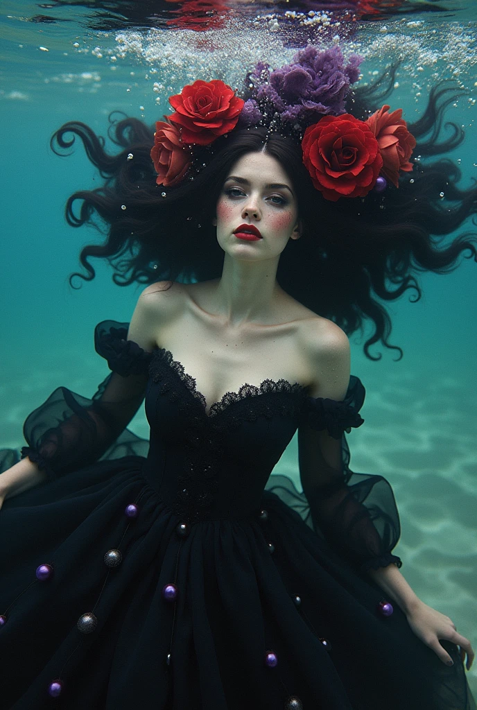 Black_hair_pin up_girl underwater, Her hair spreads around her，Full of red_purple_Flowers_and_bead :: Beautiful freckles, Gothic_cosmetic, heavy_Black_Eyeliner, Dressed complex_Black_Victorian Era_skirt_and_Lace_Ruffles flowing in the water, Fantastic light casting powder_Blue_The light around her, The setting sun cast a shadow on her, model_photo, nostalgia, Overexposure, ethereal Lomography taken and a Lomo camera and 2021 LomoChrome Turquoise 35 mm ISO 100–400 vintage, Dreamlike perfection, romantic
