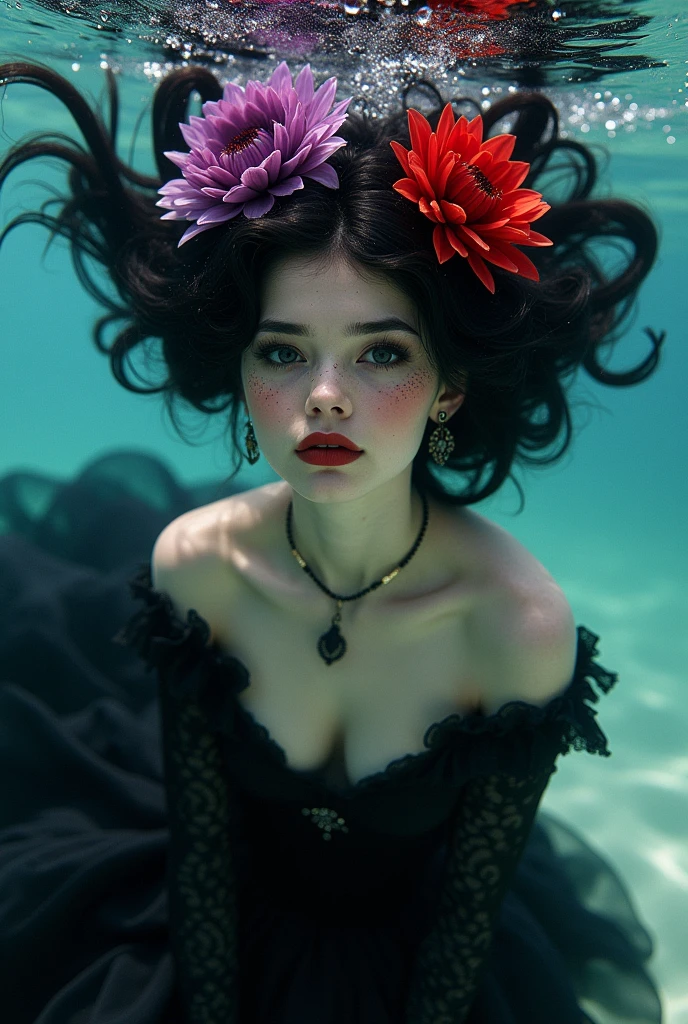 Black_hair_pin up_girl underwater, Her hair spreads around her,Full of red_purple_Flowers_and_bead :: Beautiful freckles, Gothic_cosmetic, heavy_Black_Eyeliner, Dressed complex_Black_Victorian Era_skirt_and_Lace_Ruffles flowing in the water, Fantastic light casting powder_Blue_The light around her, The setting sun cast a shadow on her, model_photo, nostalgia, Overexposure, ethereal Lomography taken and a Lomo camera and 2021 LomoChrome Turquoise 35 mm ISO 100–400 vintage, Dreamlike perfection, romantic