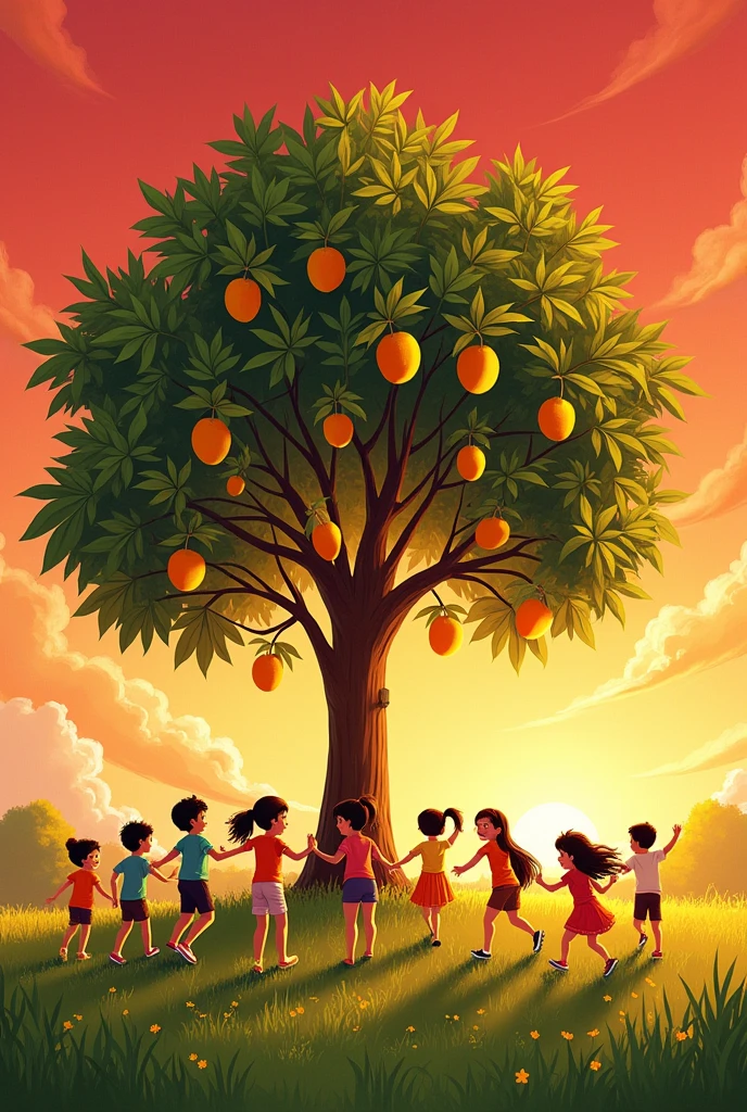 I want a picture where many children are playing together and the sky is red and the wind is blowing. Friday is a mango tree with many mangoes.