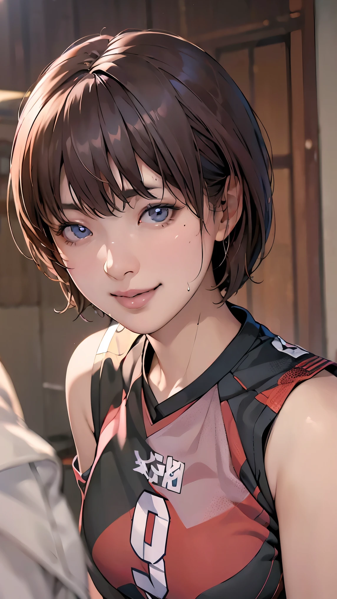 perfection、masterpiece、(Highest quality、High resolution:1.2)、 1 person、Beautifully detailed eyes、Beautiful pink lips、Highly detailed eyes and face、Bright colors、HDR、Studio Lighting、Ultra-high definition painting、Sharp focus、Physically Based Rendering、Extremely detailed depiction、moderate bust、perfectionな形、Facing the viewer、Sweat、smile、Volleyball Player、((Sleeveless Japanese national volleyball uniform))、Bobcut、gym、Depth of subject、Close-up of face、