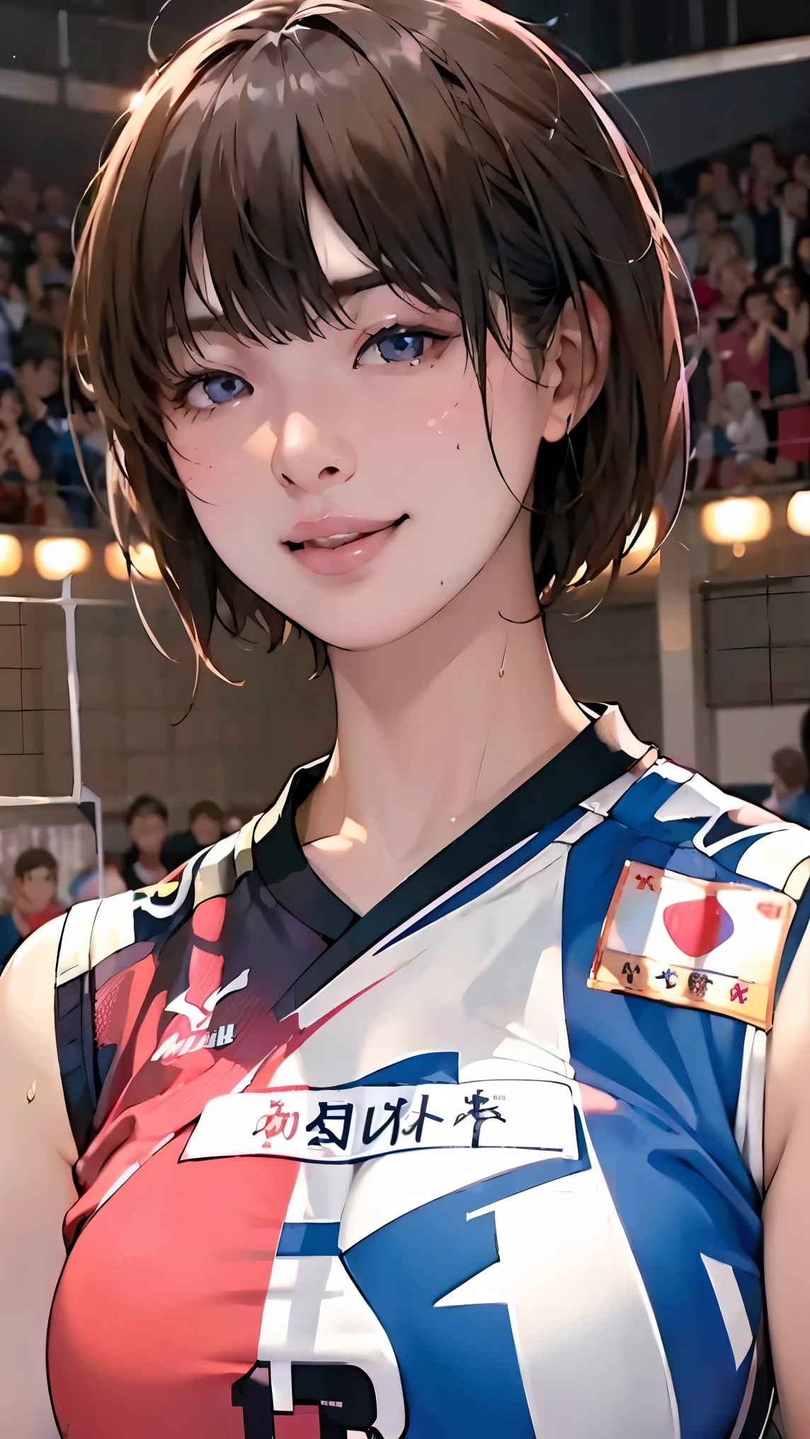perfection、masterpiece、(Highest quality、High resolution:1.2)、 1 person、Beautifully detailed eyes、Beautiful pink lips、Highly detailed eyes and face、Bright colors、HDR、Studio Lighting、Ultra-high definition painting、Sharp focus、Physically Based Rendering、Extremely detailed depiction、moderate bust、perfectionな形、Facing the viewer、Sweat、smile、Volleyball Player、((Sleeveless Japanese national volleyball uniform))、Bobcut、gym、Depth of subject、Close-up of face、