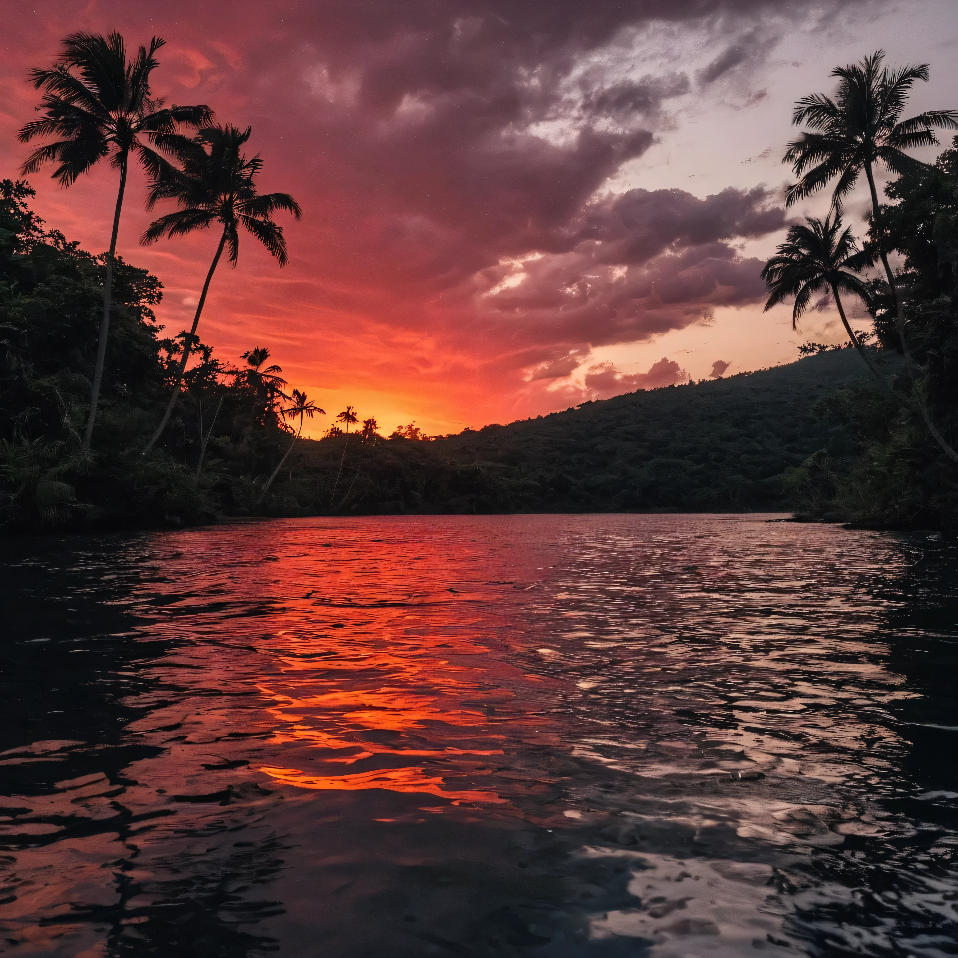 Ultra-high resolution, 4K, Super detailed, Movieような, a photograph of  Juxtaposition of a red sunset with palm woods and a body of water,Juxtaposition,artistic,photograph,Dramatic Light,Dramatic shadow light,Contrast,saturated color,Movieような,Movie,photograph,Realistic,realism,perfectionion,perfection,Juxtaposition,Opposition,Various things,Alongside,Syncretism,antithesis,Juxtaposition style,Outdoor,null,cloud,water,wood,No humans,moon,nature,scenery,full moon,reflection,sunset,Mountain,sun,silhouette,Red Theme,landscape,lake,red null , creative, photorealism, hyperrealism, Fine art photograph style, Fine art Movieような photograph style, amazing, Beautiful lighting, moving