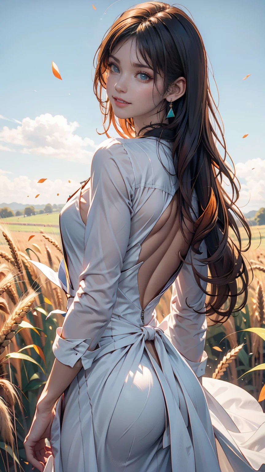 1 person, alone, Long Orange Hair, running, (Tall wheat field), I turn around, Emerald Eyes, long blue dress, middle ages, middle agesの衣装, long sleeves, Light from behind, Shadow of a person, smile, Laughter, (blue sky), Wheat background, Standing in the distance, Looking at the audience, full length