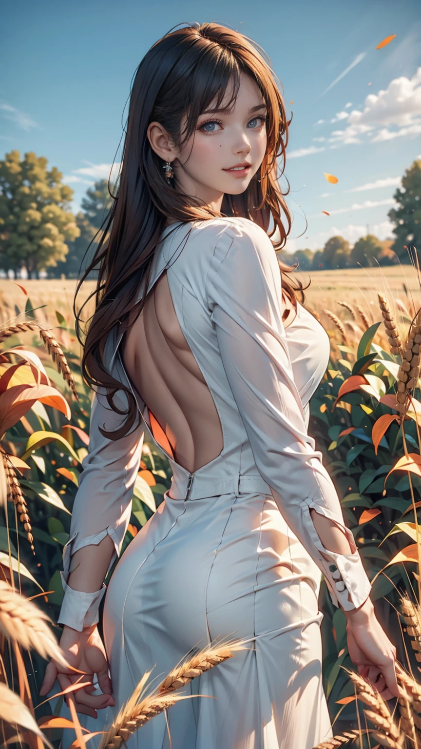1 person, alone, Long Orange Hair, running, (Tall wheat field), I turn around, Emerald Eyes, long blue dress, middle ages, middle agesの衣装, long sleeves, Light from behind, Shadow of a person, smile, Laughter, (blue sky), Wheat background, Standing in the distance, Looking at the audience, full length