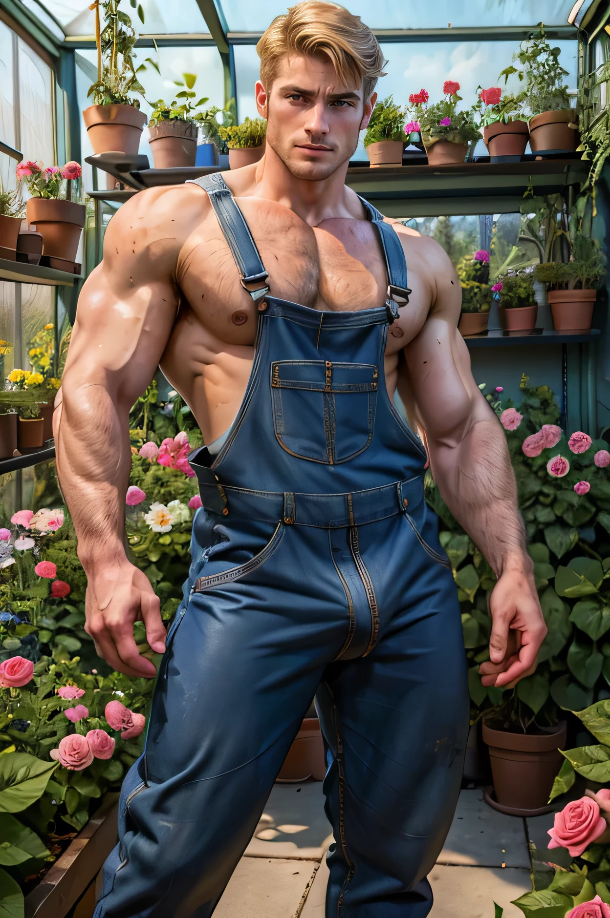 (1man)A handsome blonde bruce wayne, shirtless, muscular, big hairy chest, in a dynamic pose,sexy, wearing dirty half on overalls with a bulge, 4k, blue eyes, big huge butt, leaning body, standing in a garden greenhouse, with pink roses,