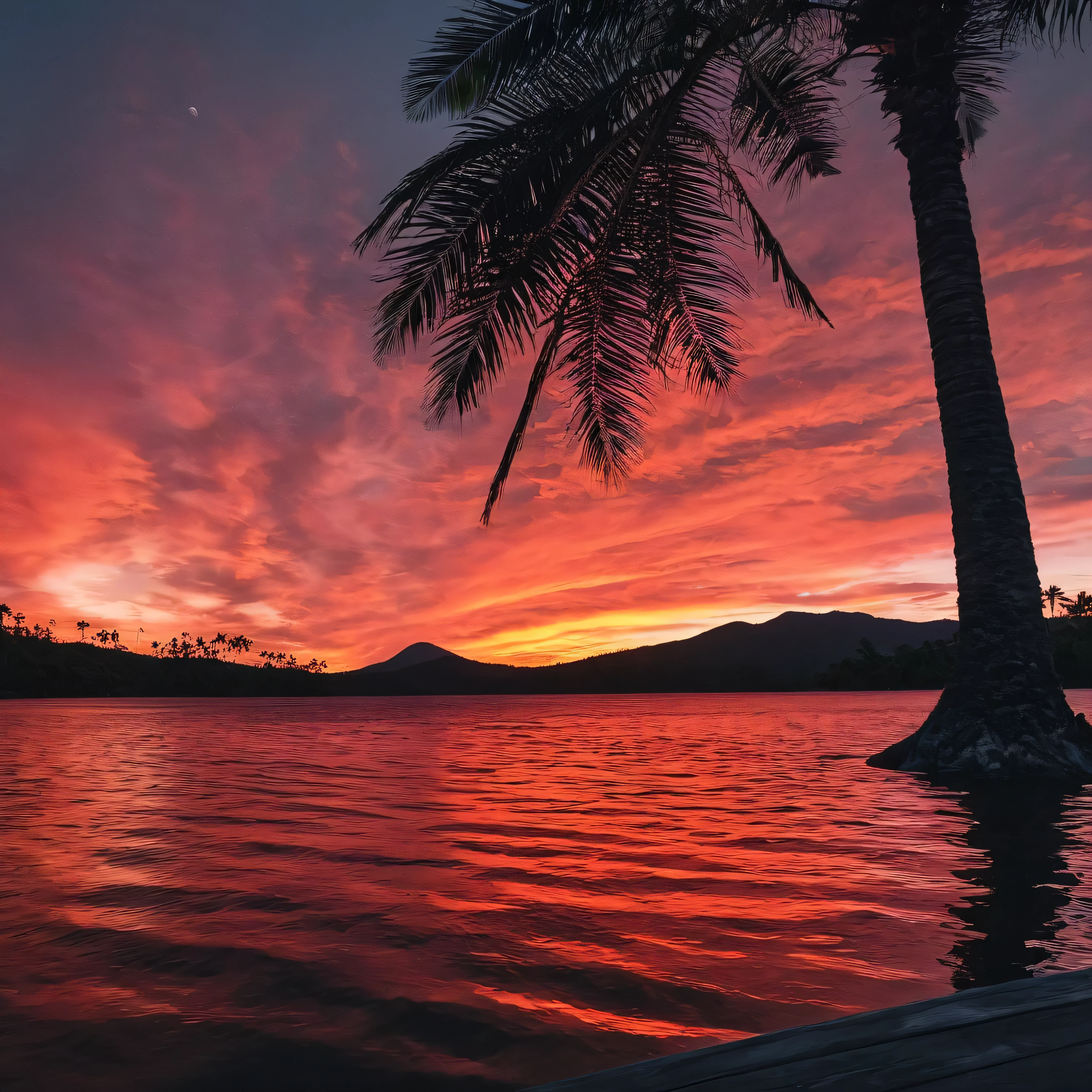 Ultra-high resolution, 4K, Super detailed, Movieような, a photograph of  Juxtaposition of a red sunset with palm woods and a body of water,Juxtaposition,artistic,photograph,Dramatic Light,Dramatic shadow light,Contrast,saturated color,Movieような,Movie,photograph,Realistic,realism,perfectionion,perfection,Juxtaposition,Opposition,Various things,Alongside,Syncretism,antithesis,Juxtaposition style,Outdoor,null,cloud,water,wood,No humans,moon,nature,scenery,full moon,reflection,sunset,Mountain,sun,silhouette,Red Theme,landscape,lake,red null , creative, photorealism, hyperrealism, Fine art photograph style, Fine art Movieような photograph style, amazing, Beautiful lighting, moving