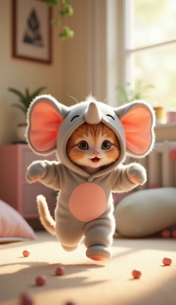 3D cute kitten character、Wearing a happy elephant mascot costume、running、Inside the house、masterpiece, Background Blur,