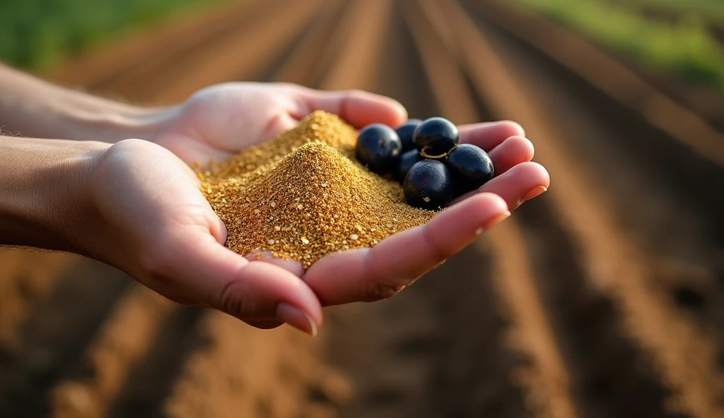 Create a close-up image of a hand holding gold dust, Wheat, grapes and olives – ready to be planted in fertile soil. Each seed represents a type of investment and the potential future harvest. Ao fundo, show the prepared soil slightly out of focus, with small divisions where the seeds will be planted, symbolizing the diversification strategy. The hand should be positioned in a way that suggests care and intention., highlighting the importance of planting wisely to maximize opportunities.