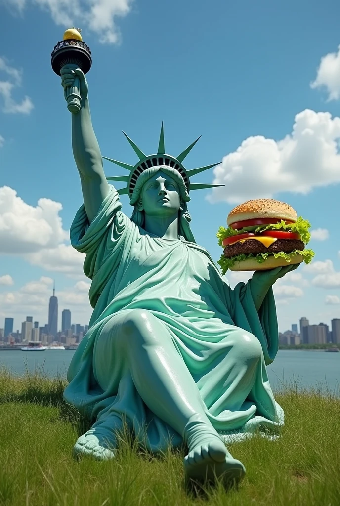 The Statue of Liberty is Obese　Lying down　chest protruding　Holding a burger in hand　