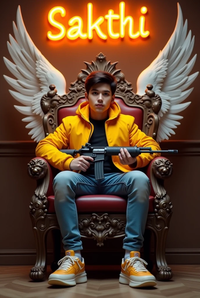 Create a 3D illusion for a profile picture where a cute 25 year old boy in a yellow jacket is sitting comfortably on a King of Beasts throne chair. With a rifle in his hand. And a ferocious lion beside me. Wearing sneakers, he looks ahead. "SAKTHI" is written in large, orange neon light font on the dark brown wall in the background. He has no shadow and also has wings to make it look like he is an angel.