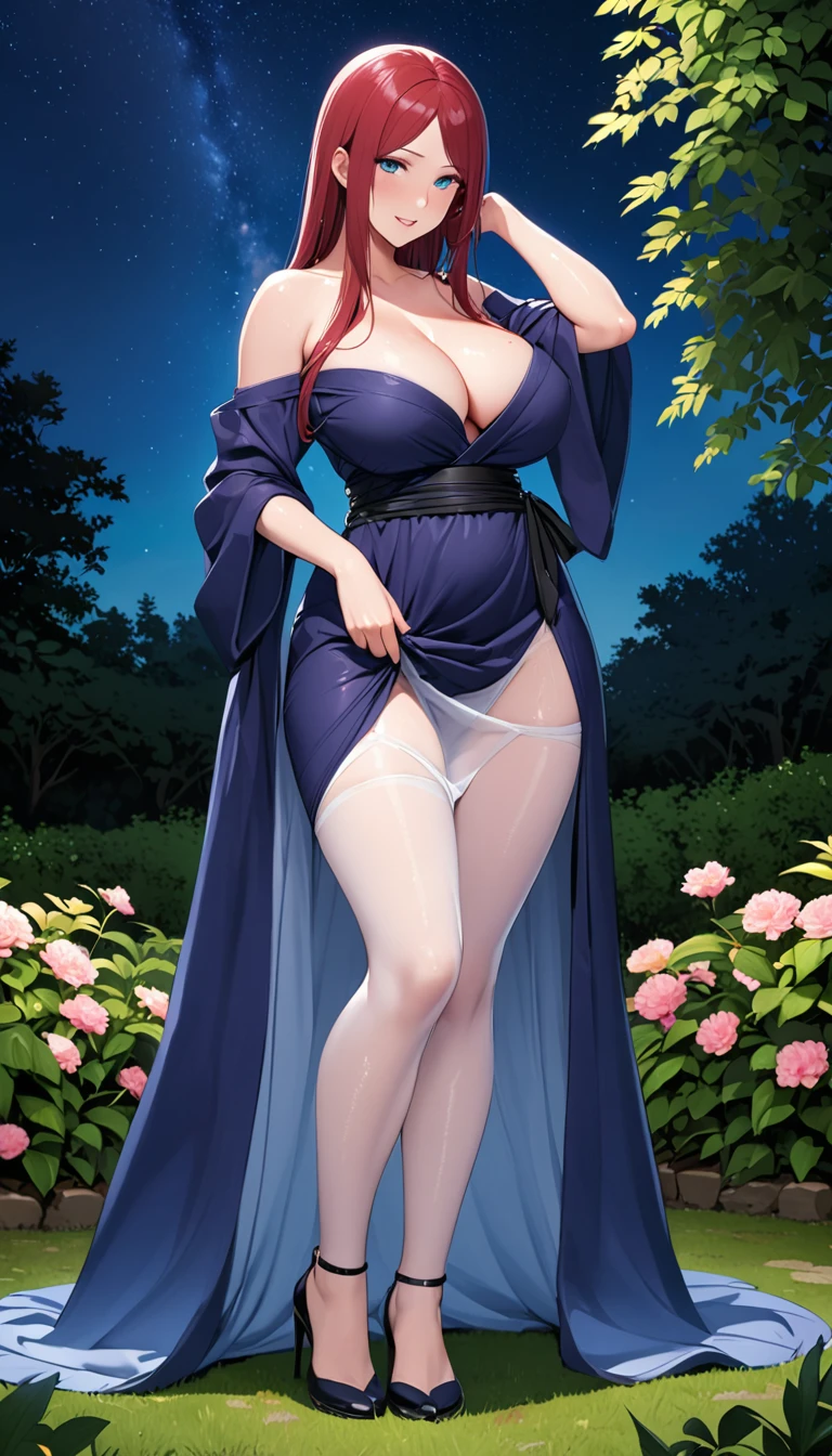 
solo, long hair, breasts, looking at viewer, bangs, big breasts:1.5, hair ornament, cleavage, blue eyes, full body, clip on hair, laughter ,parted lips, japanese clothes, mole, mole under eye, kushina ,curve body,milf,motherly,mature female,night sky ,standing ,cross hand holding dress,untied dress, cowboy shot, off the shoulder,oil skin, Milky white skin, ,wet hair, mercenary pose,face on front,big round breasts. slightly , slim body, sexy body, white skin,  loose dress ,face on camera , erotic pose,in a garden,She wears a transparent long-sleeved i ca se hand, dark blue dress that falls just below the knees. It seems to be closed at the front with a zipper, and is kept open on the front-right side from the waist down. The dress only covers up to the upper part of her arms and the underside of her breasts. Underneath, she wears a mesh armour that covers slightly more of her upper body than her dress. She also wears a skirt in the same colour as her dress and, underneath those, mesh leggings reaching down over her knees,full body shot, sweating,steam,thicc ,wet body,wet dress