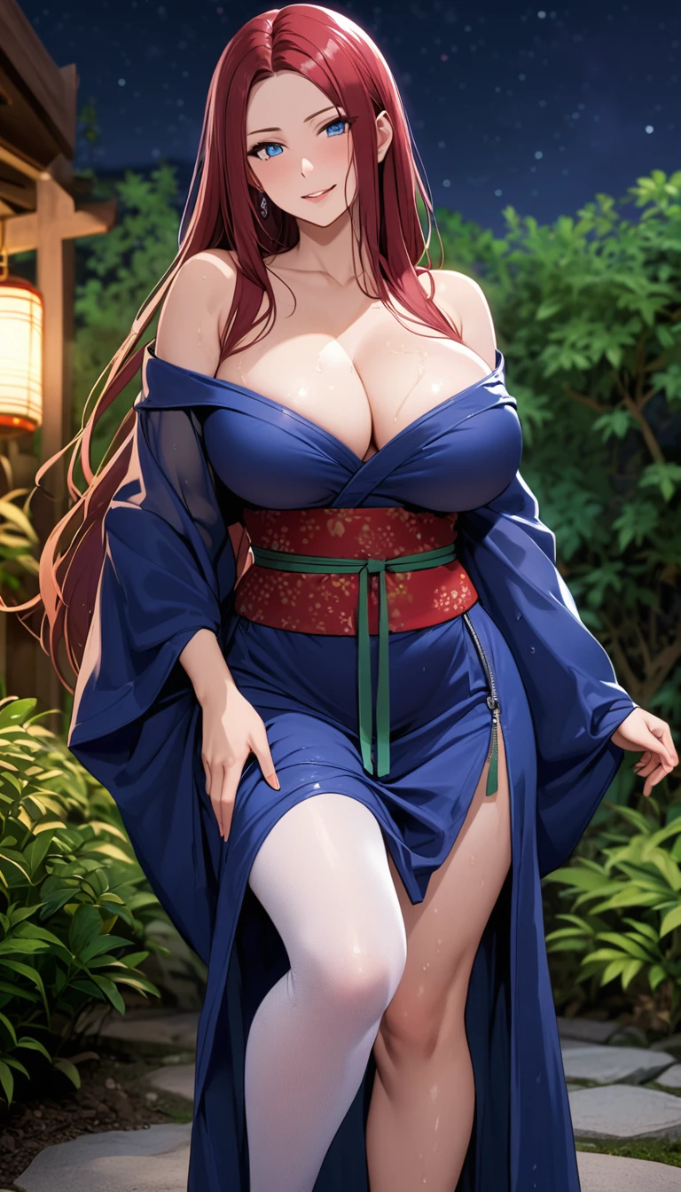 solo, long hair, breasts, looking at viewer, bangs, big breasts:1.5, hair ornament, cleavage, blue eyes, full body, clip on hair, laughter ,parted lips, japanese clothes, mole, mole under eye, kushina ,curve body,milf,motherly,mature female,night sky ,standing ,cross hand holding dress,untied dress, cowboy shot, off the shoulder,oil skin, Milky white skin, ,wet hair, mercenary pose,face on front,big round breasts. slightly , slim body, sexy body, white skin, loose dress ,face on camera , erotic pose,in a garden,She wears a transparent long-sleeved i ca se hand, dark blue dress that falls just below the knees. It seems to be closed at the front with a zipper, and is kept open on the front-right side from the waist down. The dress only covers up to the upper part of her arms and the underside of her breasts. Underneath, she wears a mesh armour that covers slightly more of her upper body than her dress. She also wears a skirt in the same colour as her dress and, underneath those, mesh leggings reaching down over her knees,full body shot, sweating,steam,thicc ,wet body,wet dress