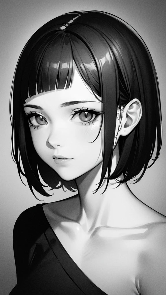 1girl, solo, sharp eyes, monochrome, greyscale, short black hair, portrait, T-shirt, closed mouth, looking at viewer, sketch, graphite \(medium\), detailed lips, hatching \(texture\), without makeup, bangs, upper body, (best illustration), (best quality), (very detailed), (masterpiece), 30 year girl,