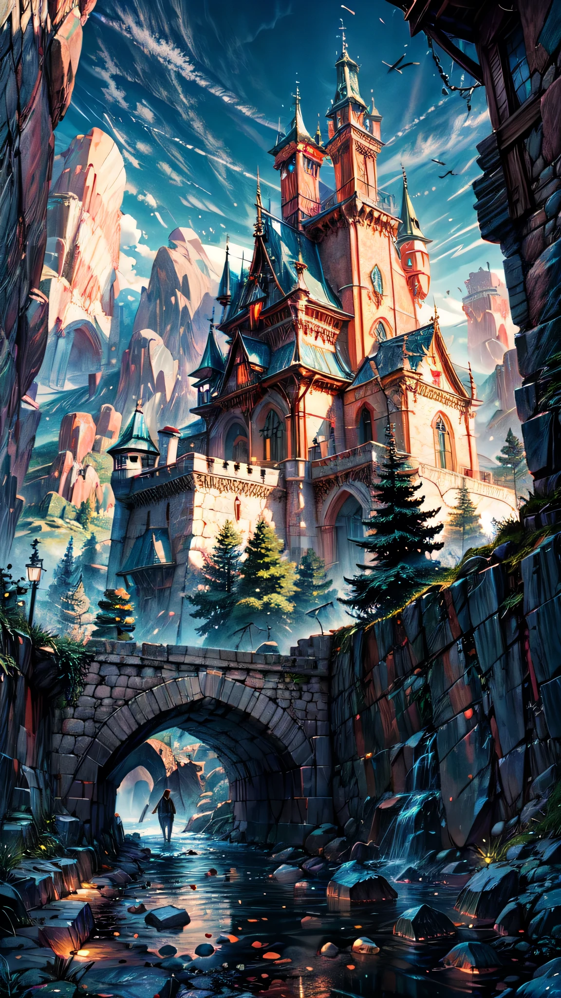 Realistically carved castle and stone walls in a rocky mountain, Gothic Futurism style, Eve Ventreux, Philip Hodas, Structured Chaos, A walkway over the water reflecting the blue sky, Exquisite details