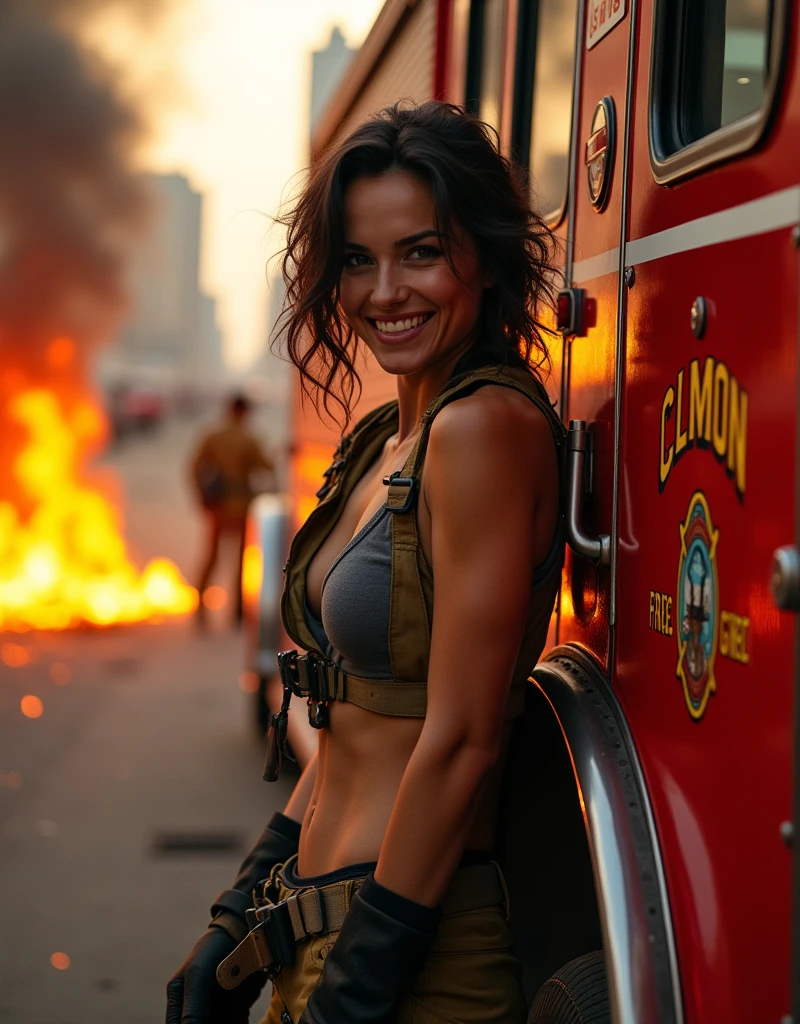 Woman in firefighter outfit, firefighter helmet, yellow gloves, brown eyes, long black hair, evil smile, cleavage, naked, arms lifted up behind the Head, detailed skin, sexy pose, full body, first-person view, wide shot, wide-angle, masterpiece, high details, best quality, HD, realism, Nikon, standing in burned out building.