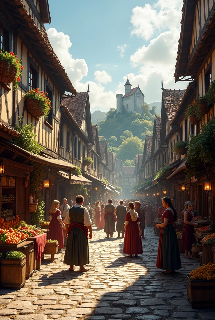 creer une image d'une rue dans le style medievale au format portrait, en dessin relativement realiste