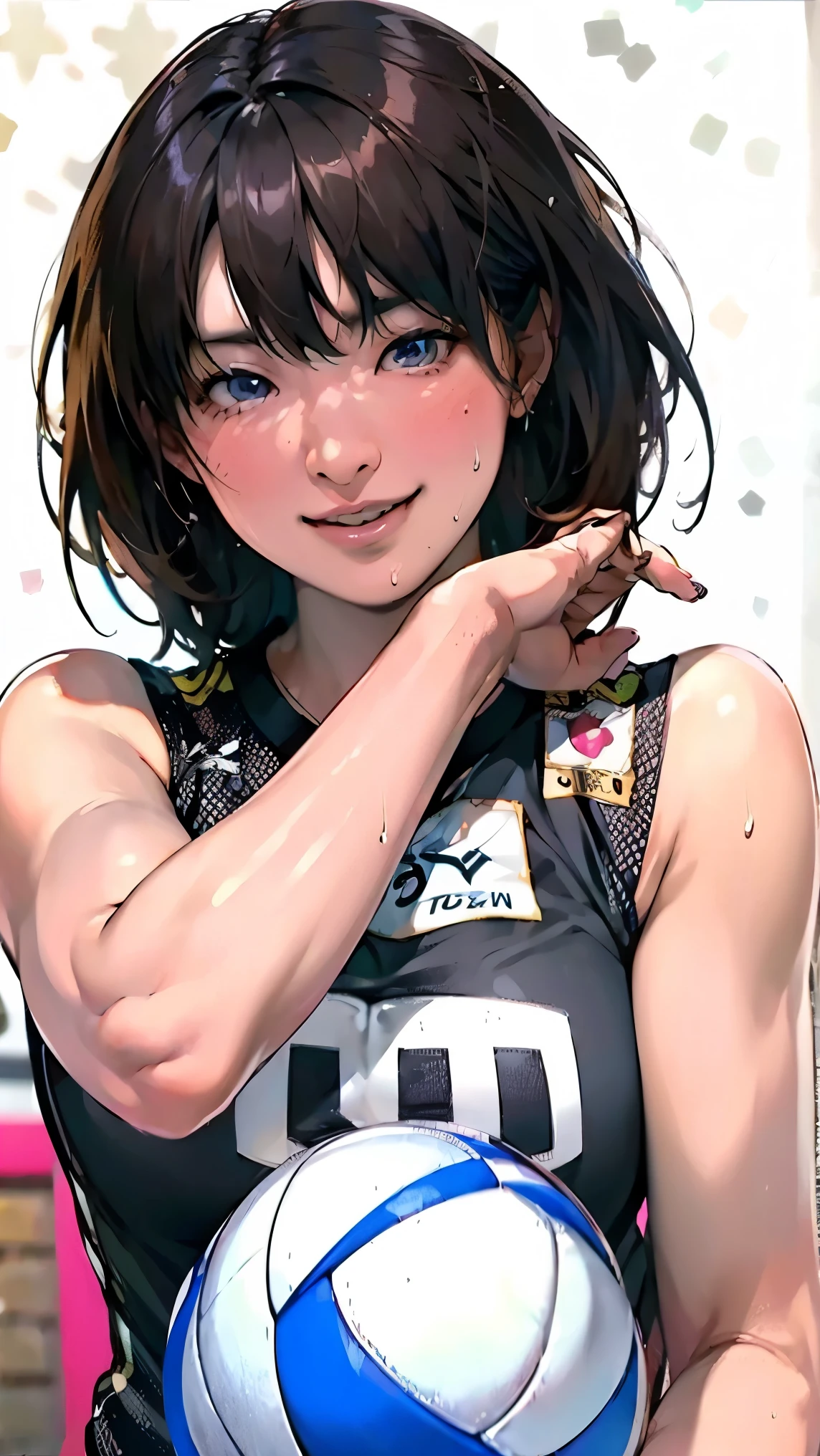 perfection、masterpiece、(Highest quality、High resolution:1.2)、 1 person、Beautifully detailed eyes、Beautiful pink lips、Highly detailed eyes and face、Bright colors、HDR、Studio Lighting、Ultra-high definition painting、Sharp focus、Physically Based Rendering、Extremely detailed depiction、moderate bust、perfectionな形、Facing the viewer、Sweat、smile、Volleyball Player、((Sleeveless white volleyball uniform))、Long Hair、gym、Depth of subject、Close-up of face、