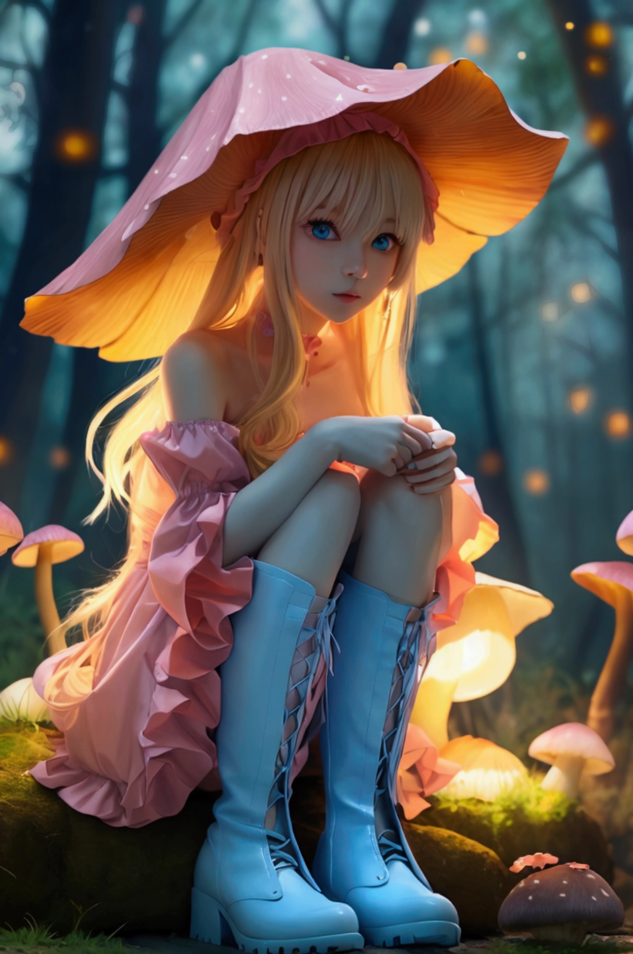 ((((hyperdetailed face, Perfect face and nice perfect face)))),( hight resolution, ultra-detailliert), (((((Anime little boy with blonde twin tails with long hair)))),(((Big witch's hat))),(((Mushroom pile))),(((Mushroom forest))),((((toppless,Light Purple Off Shoulder Witch Dress, Highest Quality)))),(((Rin))),((())),(((,Kamimei))),(((Detailed very small breasts))).((())),(((Sitting on a large mushroom))),(((,Piece of art))),(()),((heavy fog))),(((Dimmed lighting))),(((red blush))),((magic circles)),((())),,(((Moonlit chest))),((beautiful countenance))),(((Cloth High Boots))),(((Lolita Boys)))