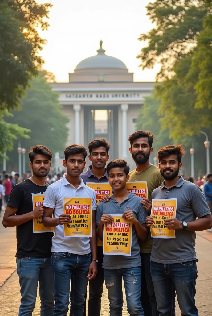 Make Images
Boys are standing with Leaflets where written 'NO POLITICS in Jatiya Kabi Kazi Nazrul Islam University '


Background Place of Jatiya Kabi Kazi Nazrul Islam University ( take from google) 