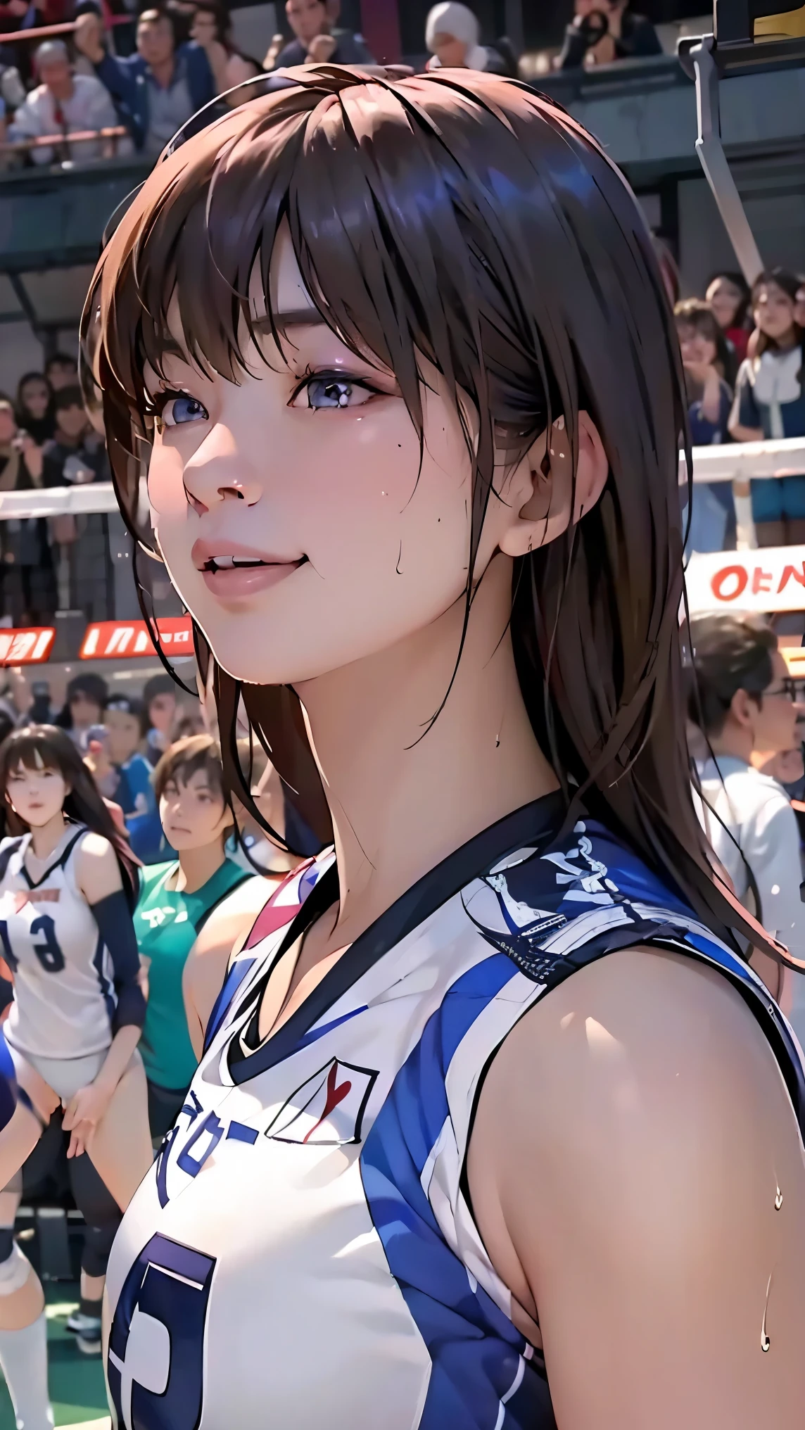 perfection、masterpiece、(Highest quality、High resolution:1.2)、 1 person、Beautifully detailed eyes、Beautiful pink lips、Highly detailed eyes and face、Bright colors、HDR、Studio Lighting、Ultra-high definition painting、Sharp focus、Physically Based Rendering、Extremely detailed depiction、moderate bust、perfectionな形、Facing the viewer、Sweat、smile、Volleyball Player、((Sleeveless white volleyball uniform))、Long Hair、gym、Depth of subject、Close-up of face、