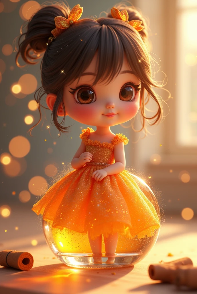 an intricate aillustration of a perfume bottle that is a adorable  cute  girl wearing a cute outifit, have a look at the camera, blushing cheeks glossing, glittering , shimmering , sparkling,  translucent, ,honey like fragrance with a hint of cinnamon , ultra realistic , vividly , production cinematic , 8k , ultra high quality , color corrected , G2 , 3D , 8K , UHD , v5