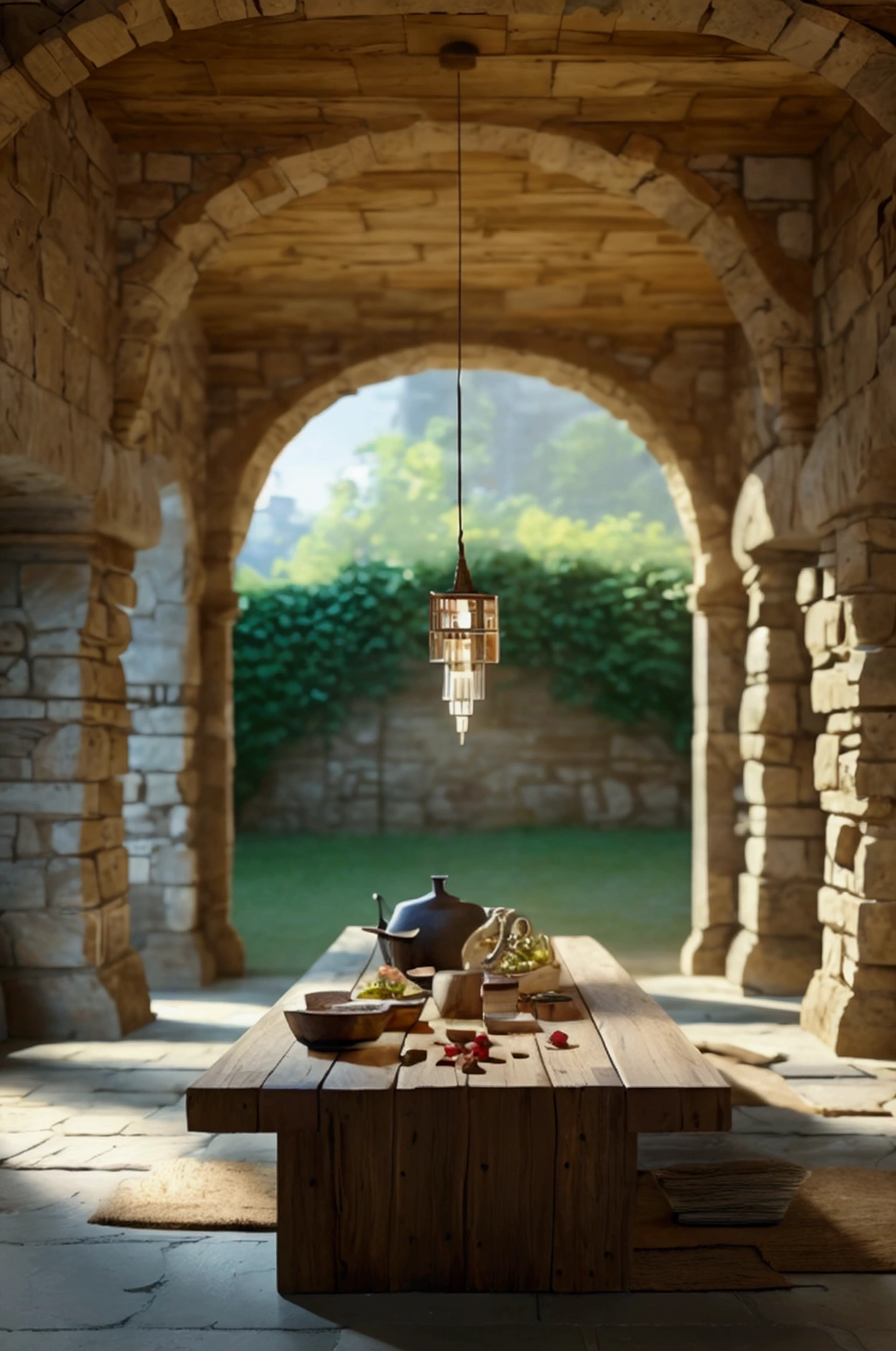 Model shooting style, (Highly detailed CG 8k wallpaper), In the center of the room、There is a long, wide wooden table with food scraps on it., Old and spacious room, Stone wall and a little high, No ceiling, At the back of the room are the remains of a Roman stone archway overlooking the garden.。