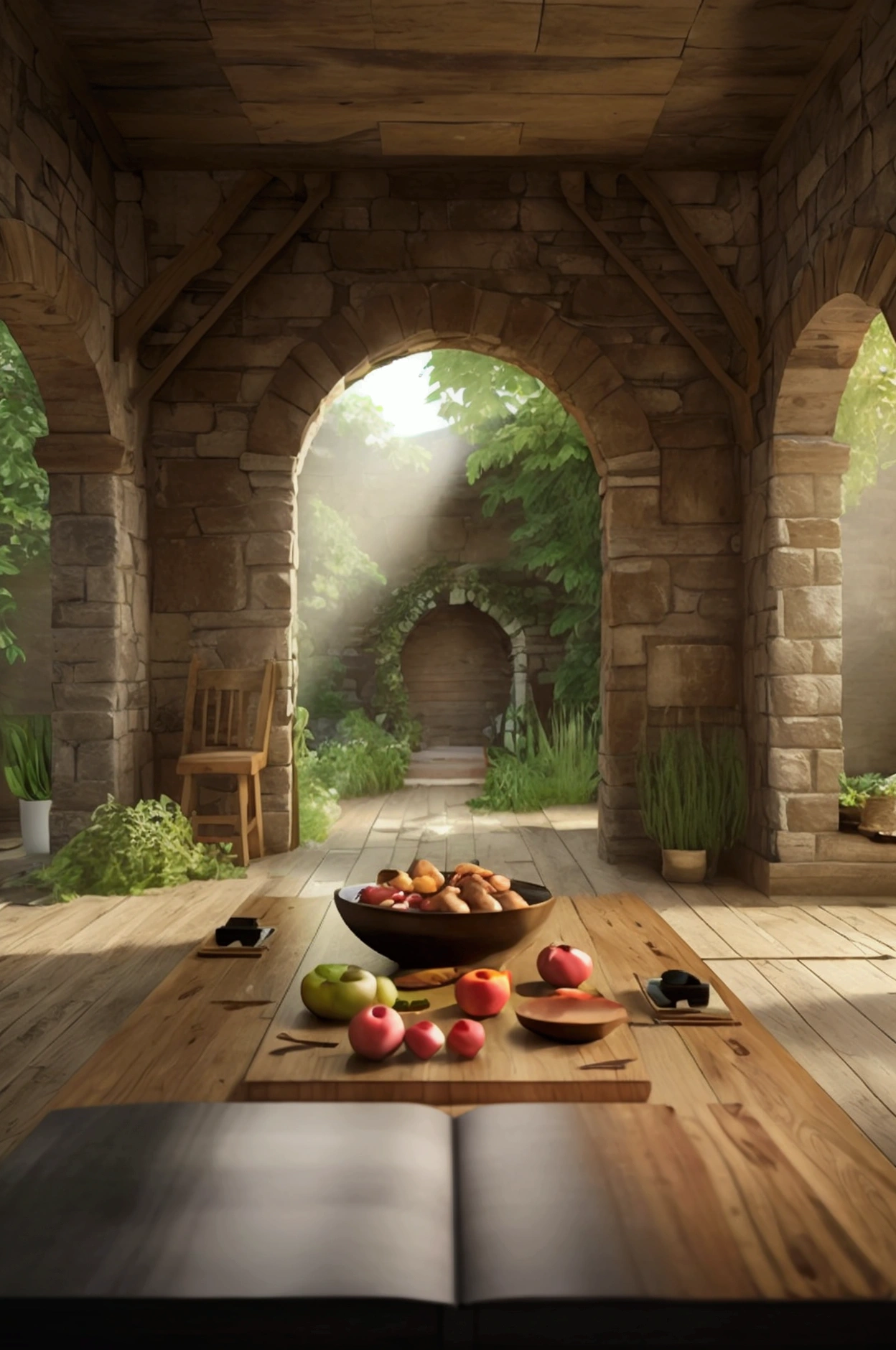 Model shooting style, (Highly detailed CG 8k wallpaper), In the center of the room、There is a long, wide wooden table with food scraps on it., Old and spacious room, Stone wall and a little high, No ceiling, At the back of the room are the remains of a Roman stone archway overlooking the garden.。  