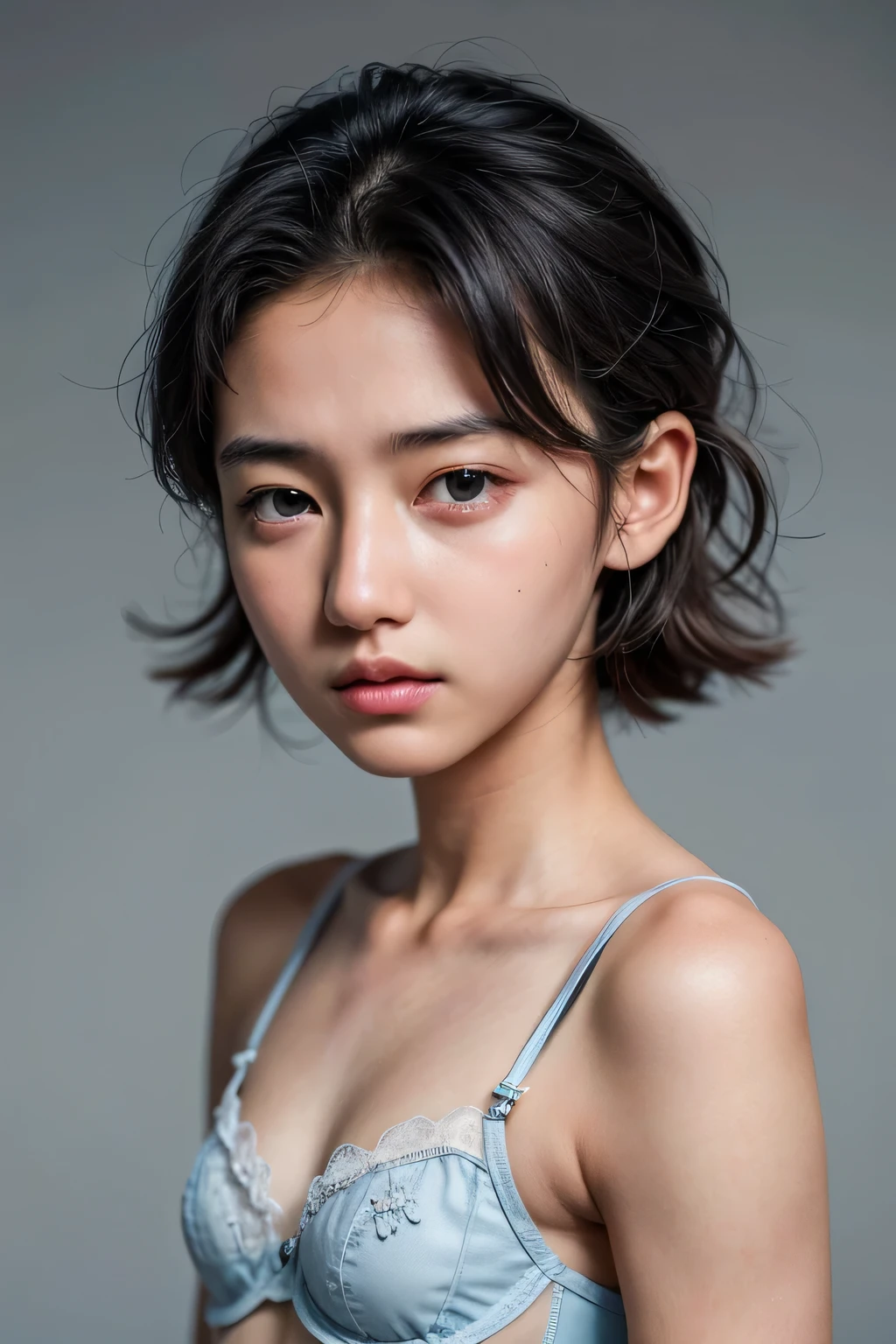 ((Light Blue)), ((Femboy)), Shorthaircut Stylish, adorable, 1 femboy, (face to face), , ((baby face)), (cry sad face expression), half body portrait, (face details: 1), (eye details: 1), ((small breasts)). wearing transparent transparency soft soft, .. Cute posed. proportional body. Ultra High Res. realistic: 1.4, UHD, (floral pattern), ((Sleeping beauty lingerie)) ((lace pattern))