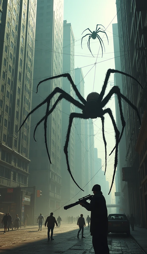Images of buildings invaded by giant spiders Spider webs covered View of buildings surrounded by spiders Army begins to attack spiders Spider gun