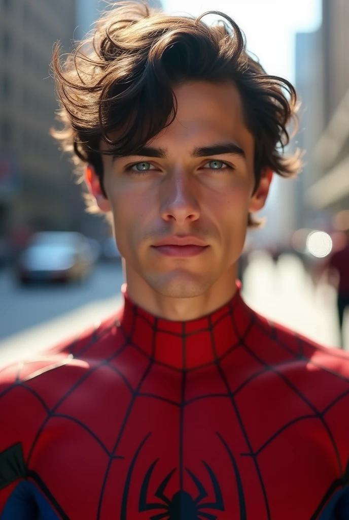 A photo of Spiderman, no mask, the 20s, Good looking, detailed face, look into the camera, portrait, 8K UHD, good quality