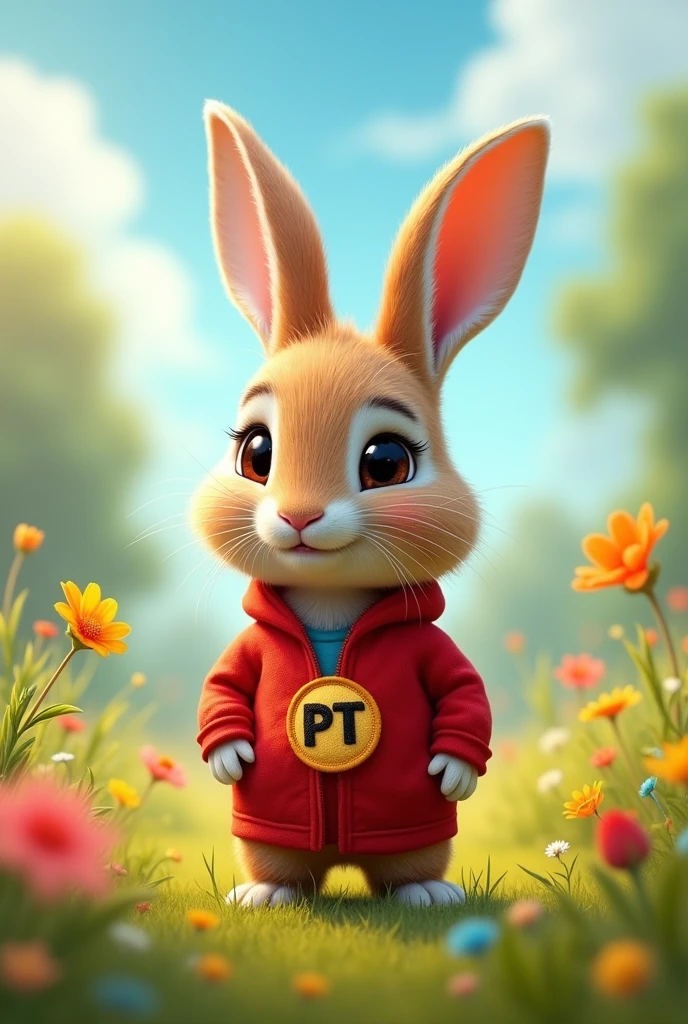 A rabbit in red clothes with the PT symbol
