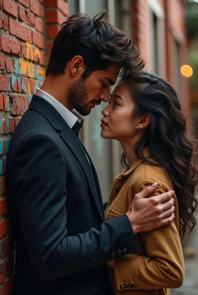I'm going to write a story on Wattpad about the love story between teacher and student.. The teacher need to be masculine like the main lead of 365 days and the girl need to look sweet..and the cover need to look like he's pinning her against the wall 
