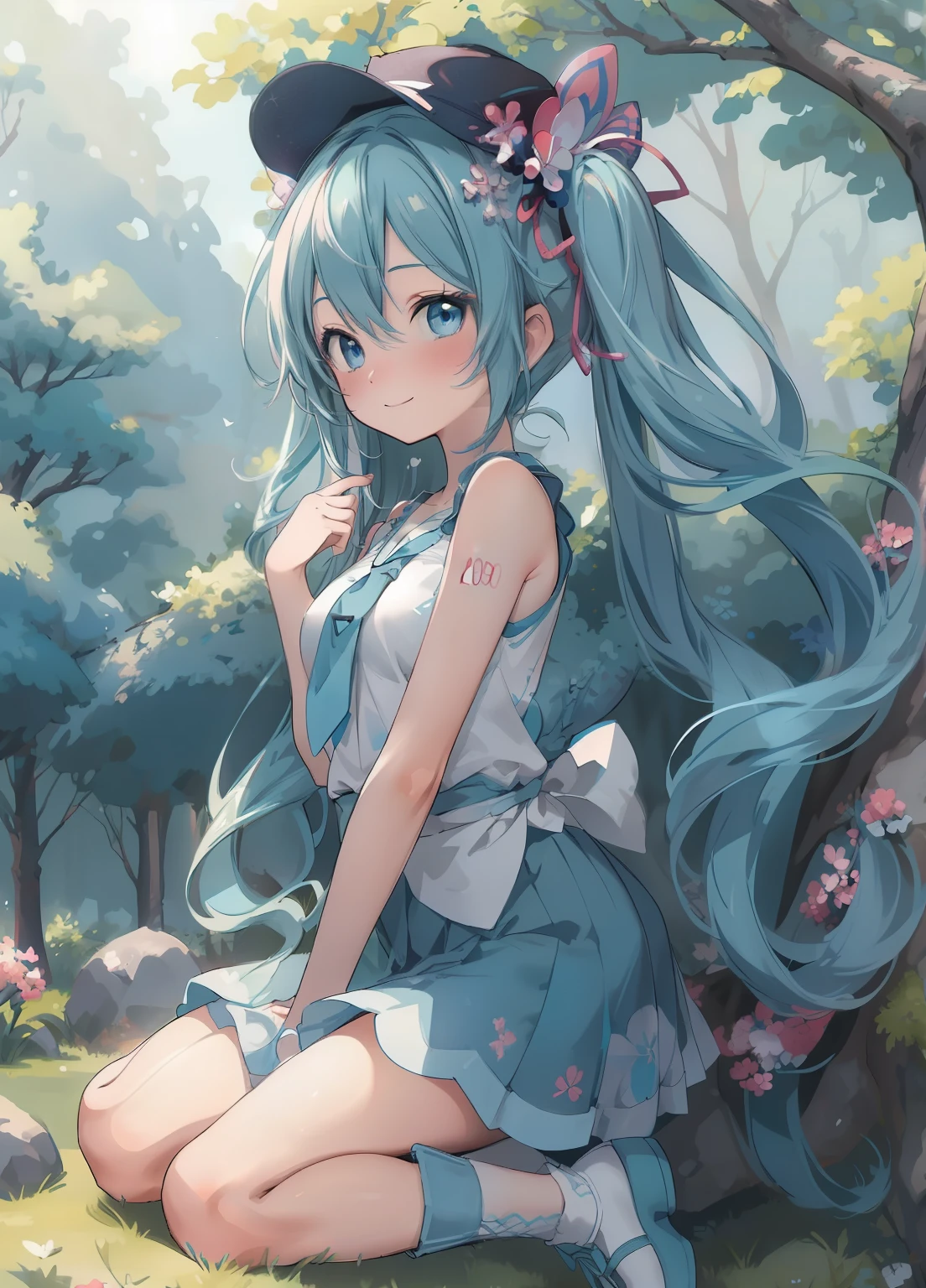 (masterpiece、Highest quality、Highest quality、Official Art、Beautiful and beautiful:1.2)、(1 personの:1.3)Hatsune Miku、Twin tails,Beautiful breasts, Katsushika Hokusai,masterpiece, Highest quality, 1 person, dawn \(Pokemon\), cap, wide, Blue, blue eyes, White sleeveless top, White Skirt, Black boots, smile, Looking at the audience, Forest Background,sexy