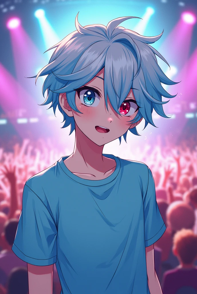 Male, 2d, anime, light blue shirt, light blue hair combined with white, left eye red, right eye aqua, funny, idol, adult