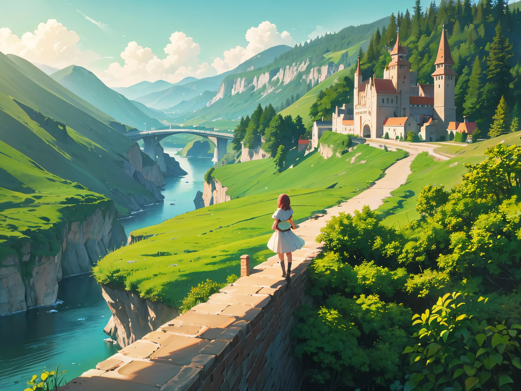 In this anime-style fantasy world, you see an expansive green landscape stretching as far as the eye can see. The sky is clear blue with a few scattered white clouds, and the warm sunlight bathes the scene, giving it a peaceful and inviting atmosphere.
In the distance, there's a small town filled with houses with orange and red rooftops. The most prominent feature is a large stone castle perched on a hill, with tall towers that stand out against the horizon. Some towers have flags gently waving in the breeze. Roads and bridges connect various parts of the town, making it look like something straight out of a fairy tale.
The vast green fields are dotted with large trees, and in some areas, colorful flowers bloom, adding vibrancy to the scene. A small river winds its way through the landscape, creating a soft, calming sound as it flows.
You might also spot some fantastical creatures, like small dragons or cute animals, wandering through the fields, adding a touch of magic and otherworldliness to the scene.
This description should help you visualize the anime-style fantasy world with a vast green landscape and a distant town clearly and vividly
