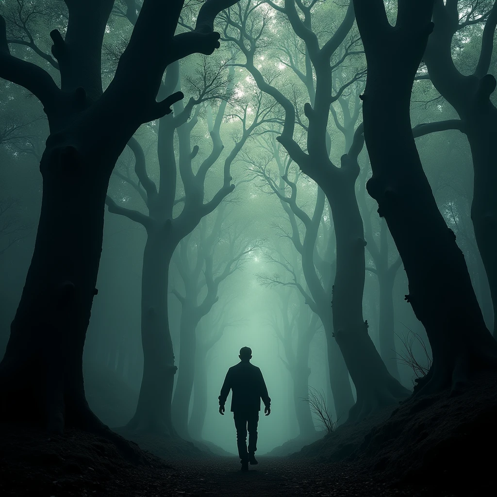 A man walks deep in the forest, an ominous light appears around him, and his body slowly deforms.