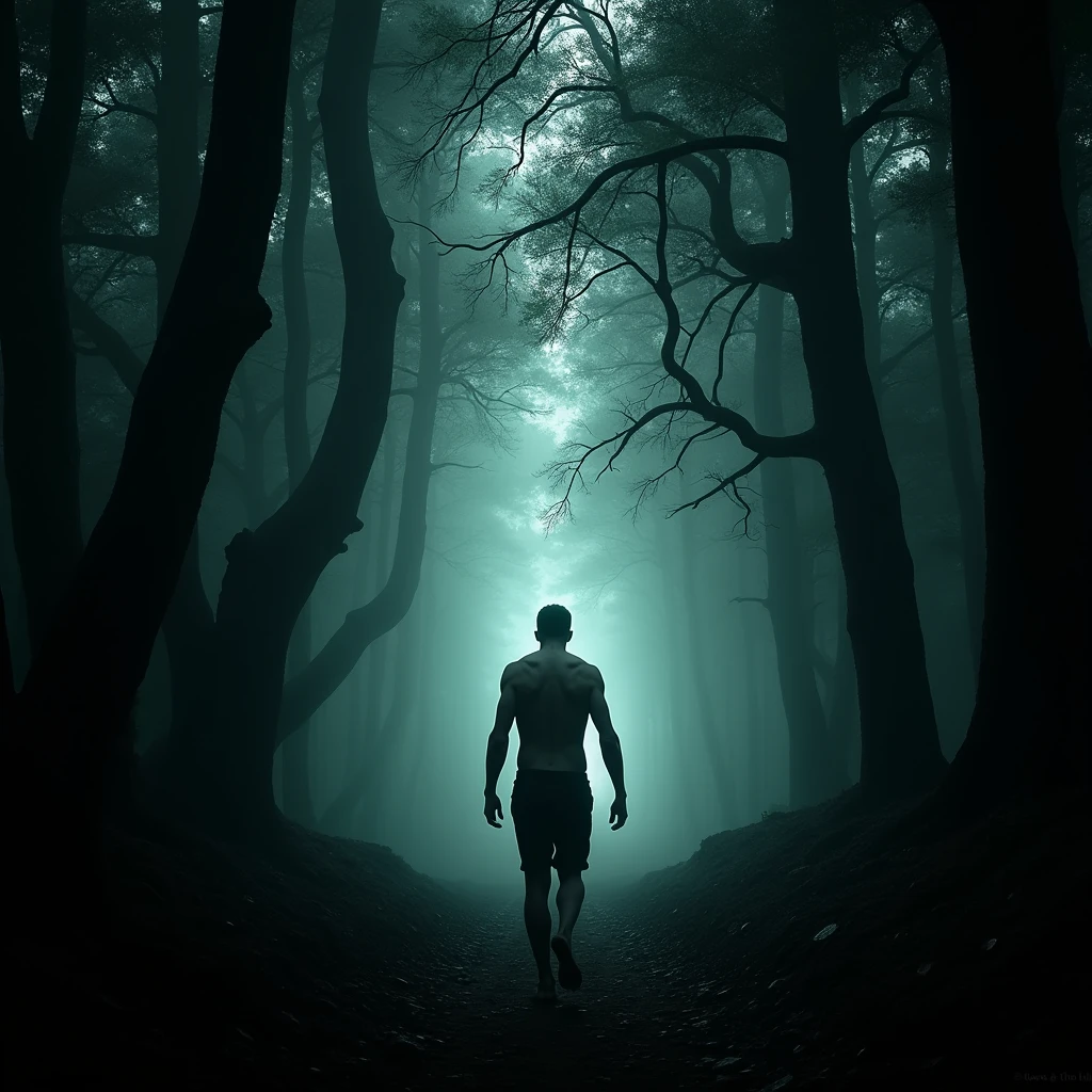 A man walks deep in the forest, an ominous light appears around him, and his body slowly deforms.