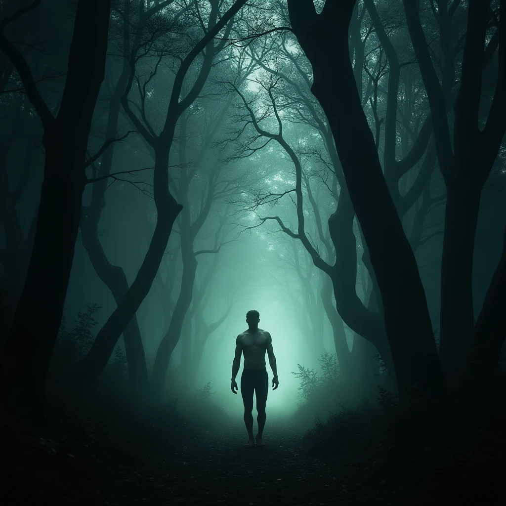 A man walks deep in the forest, an ominous light appears around him, and his body slowly deforms.
